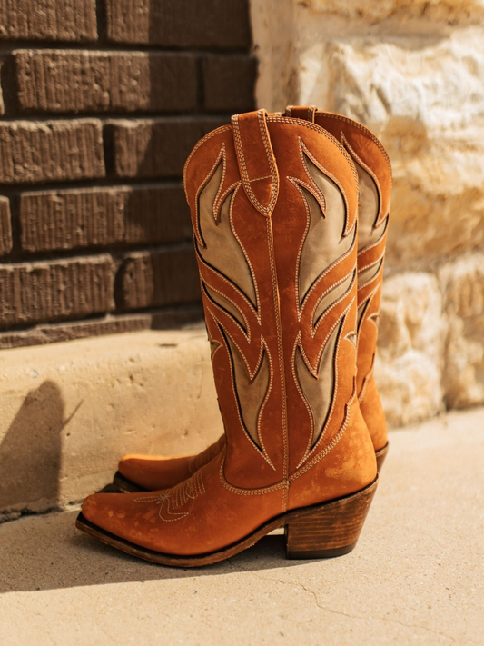 Amber Almond-Toe Shaft Inlay Wide Mid Calf Cowgirl Boots