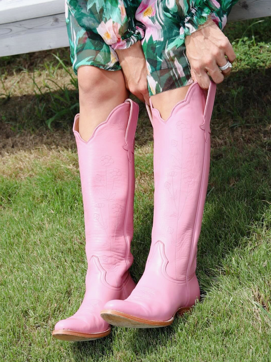 Almond-Toe Floral And Leaf Embroidery Wide Calf Knee High Cowgirl Boots - Pink