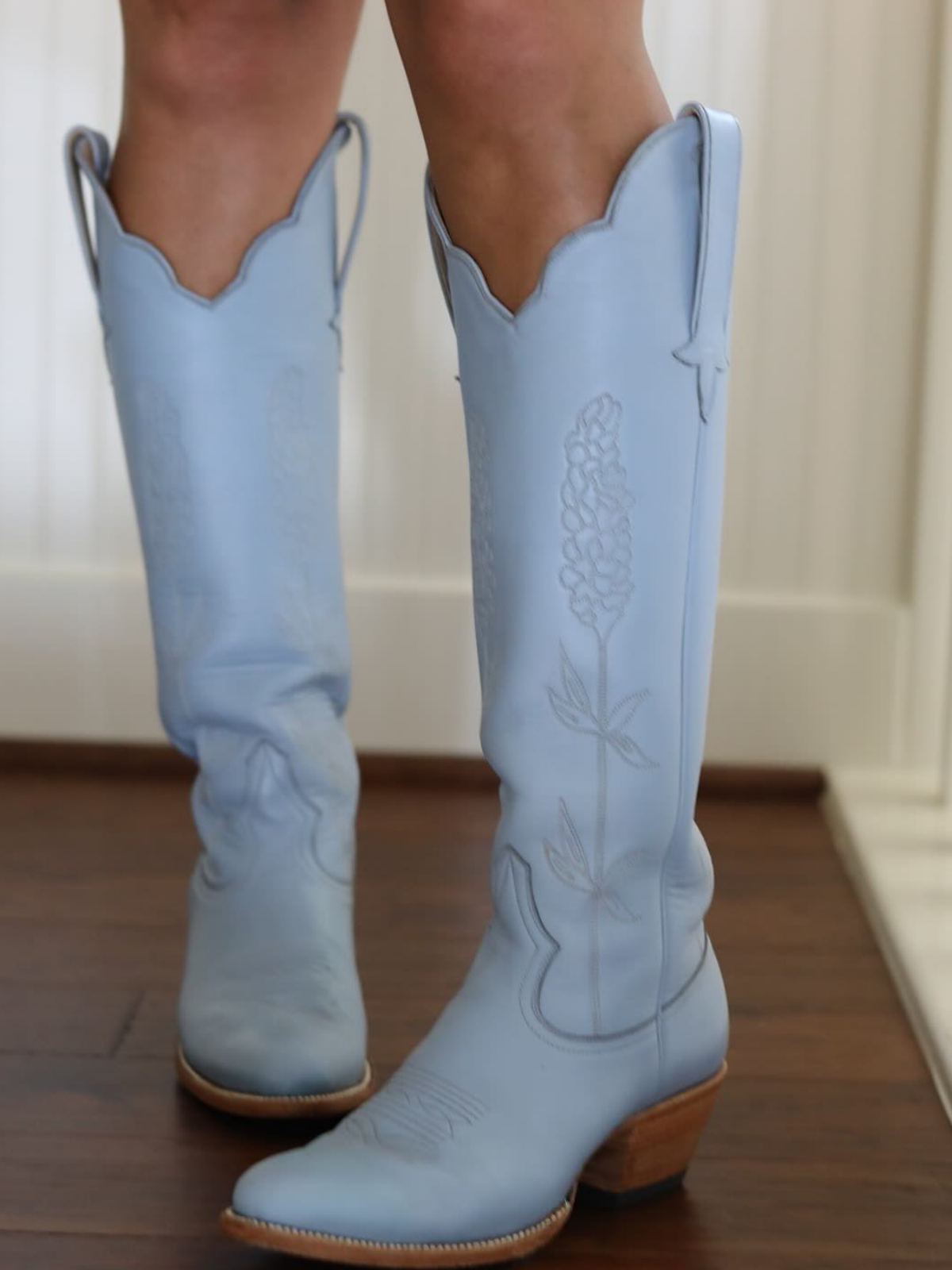 Almond-Toe Ear-Of-Rice Embroidery Wide Calf Knee High Cowgirl Boots - Powder Blue