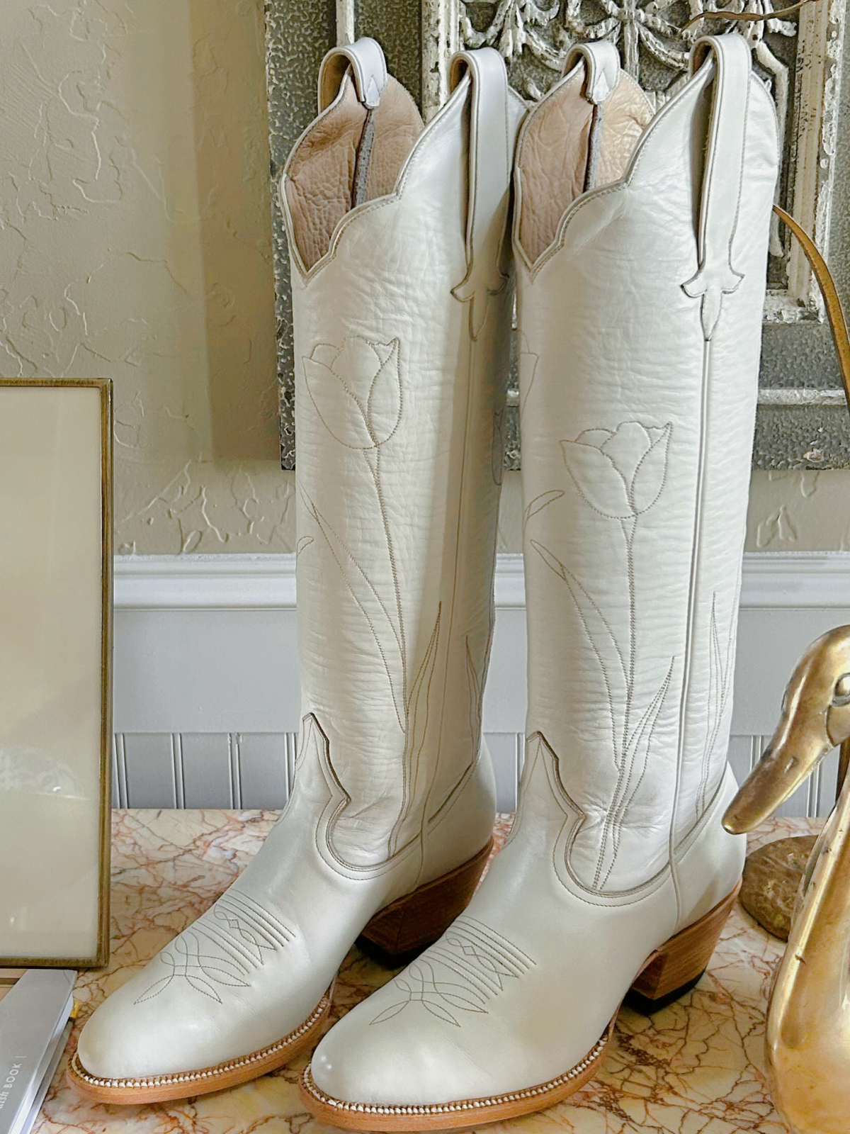 Almond-Toe Tulip Embroidery Wide Calf Knee High Cowgirl Boots - Bone