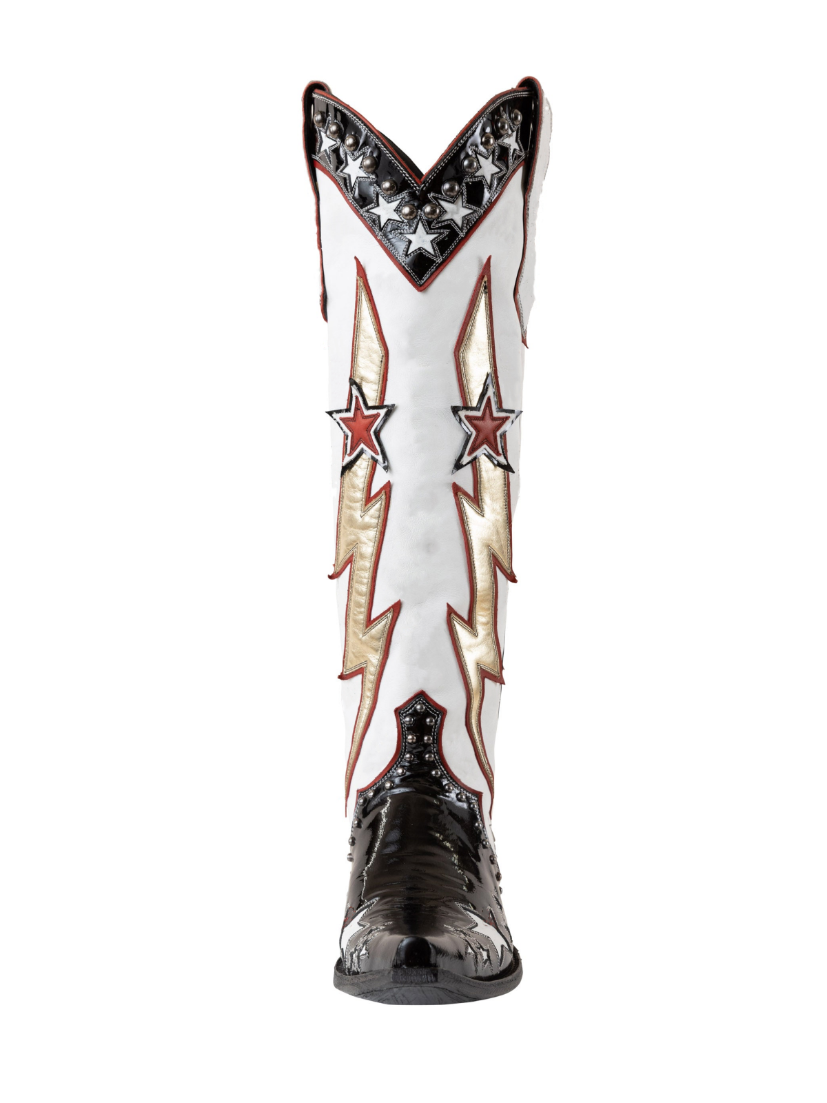 Contrast Black Patent And White Studded Star Lightning Wide Calf Knee High Tall Cowgirl Boots