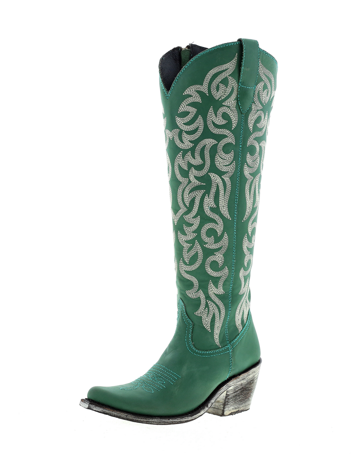 Embroidery Almond-Toe Full-Zip Knee High Tall Cowgirl Boots - Green