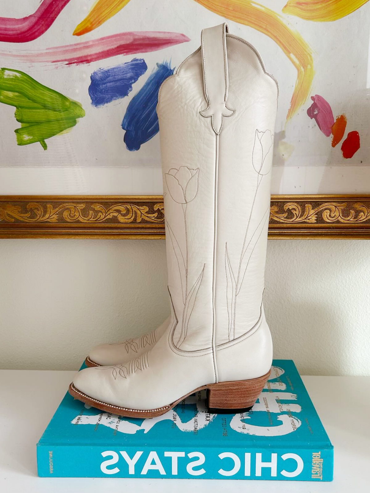 Almond-Toe Tulip Embroidery Wide Calf Knee High Cowgirl Boots - Bone