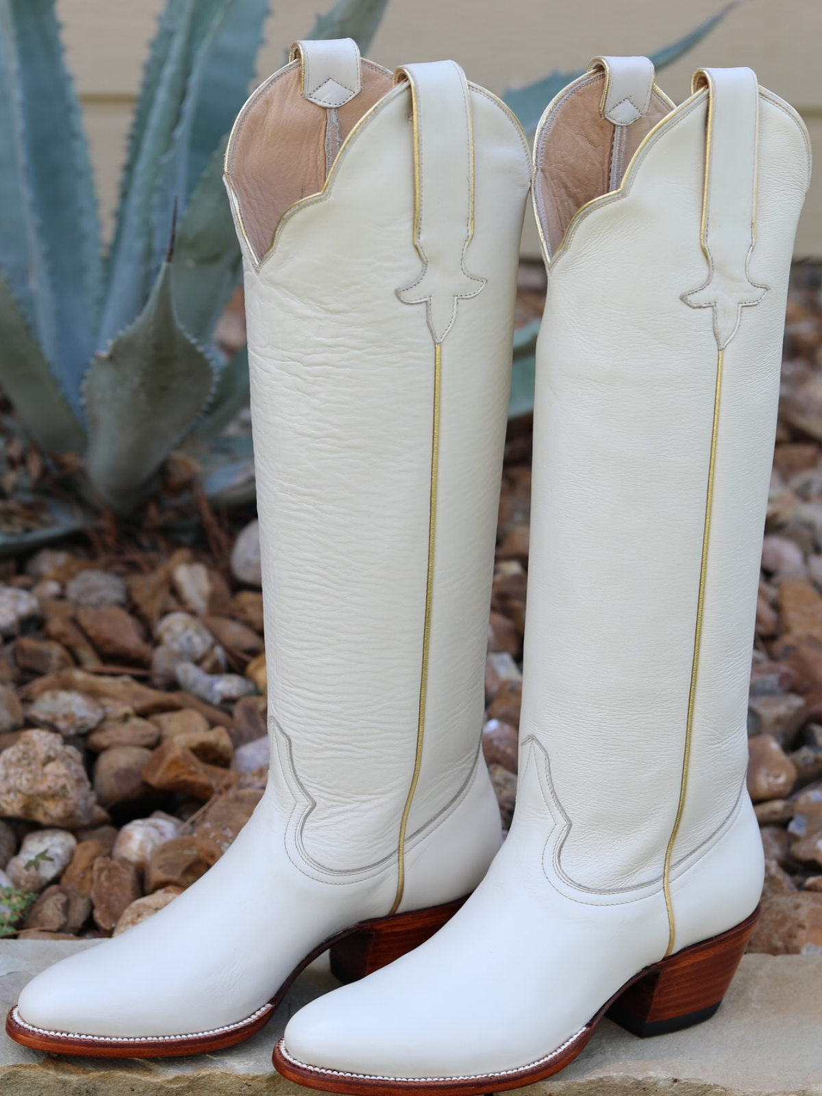 Simple Round-Toe Wide Calf Knee High Tall Cowgirl Boots - Bone