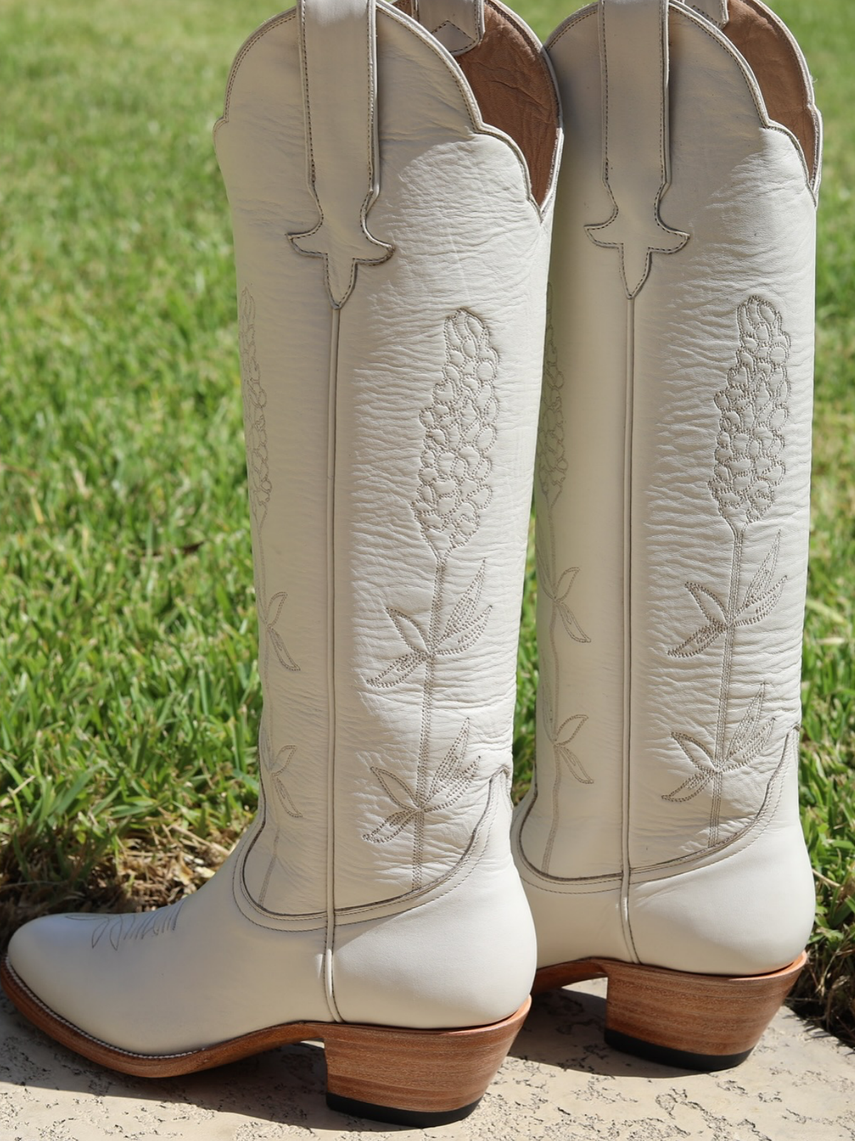 Almond-Toe Ear-Of-Rice Embroidery Wide Calf Knee High Cowgirl Boots - Ivory