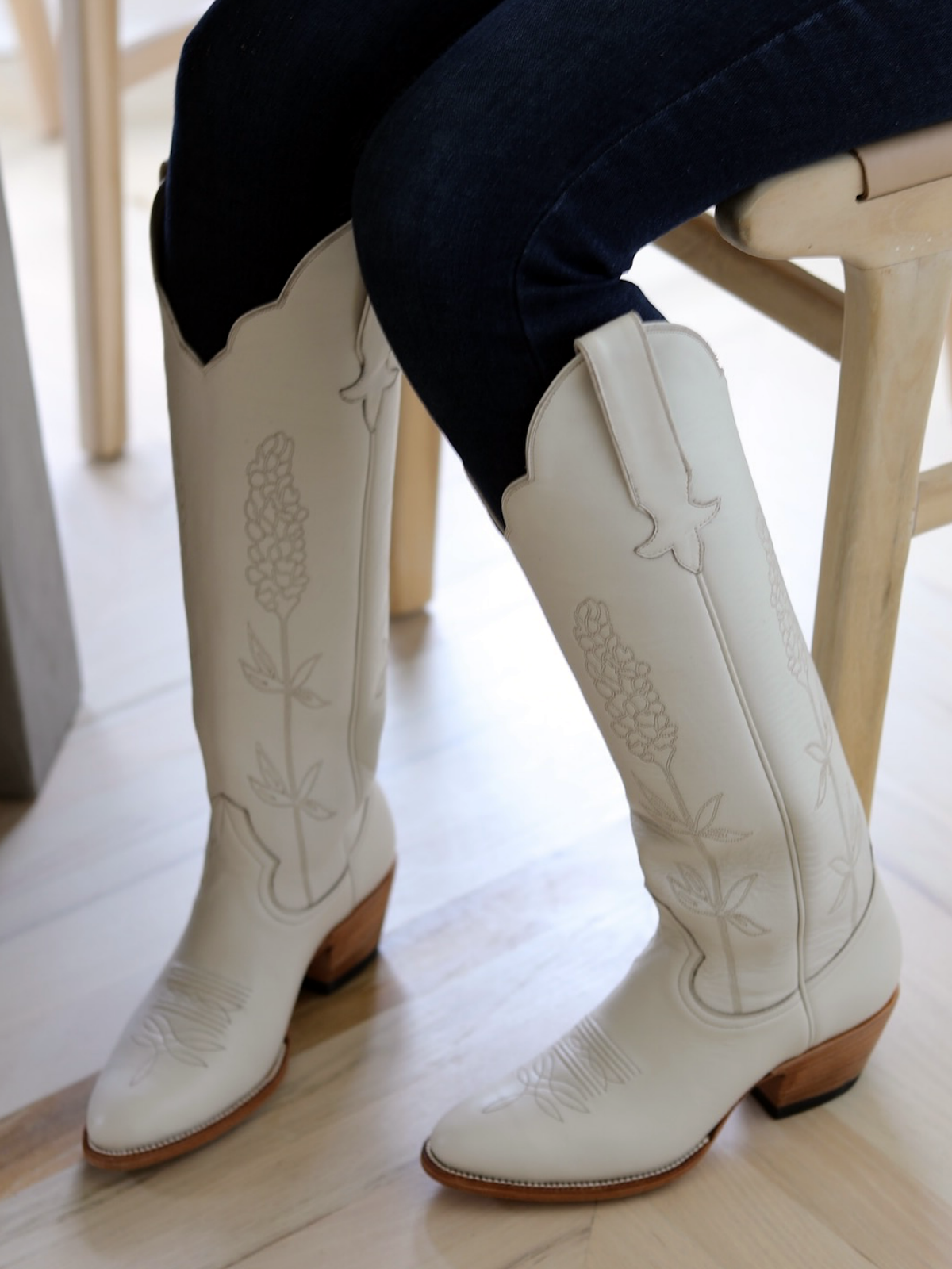 Almond-Toe Ear-Of-Rice Embroidery Wide Calf Knee High Cowgirl Boots - Ivory