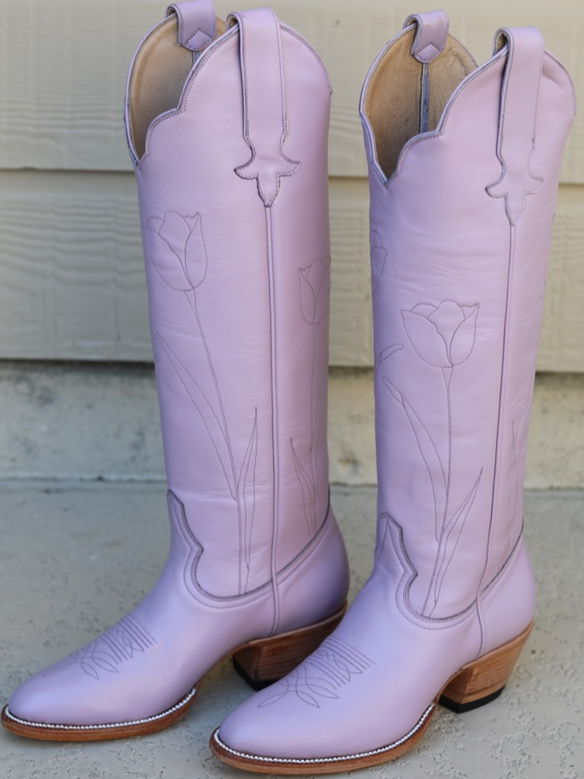 Almond-Toe Tulip Embroidery Wide Calf Knee High Cowgirl Boots - Lavender