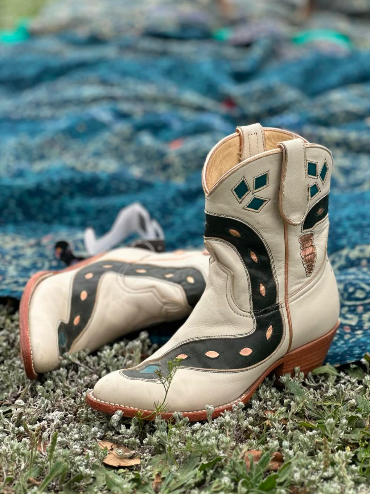 Bone Almond-Toe Snake Inlay Wide Mid Calf Cowgirl Boots