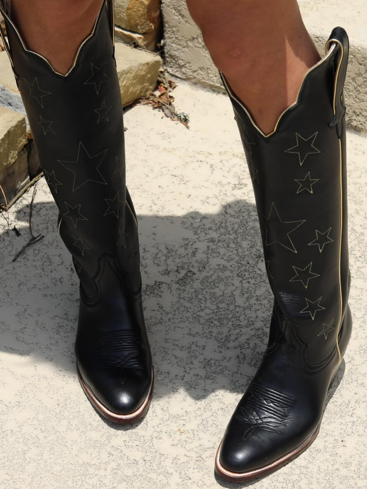 Almond-Toe Stars Embroidery Wide Calf Knee High Cowgirl Boots - Black