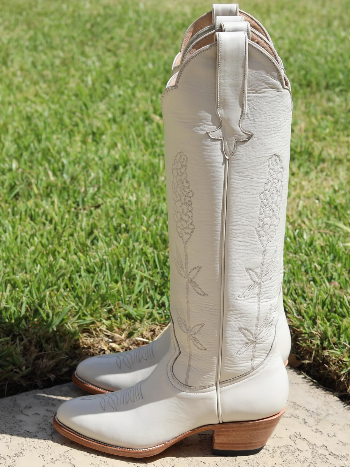 Almond-Toe Ear-Of-Rice Embroidery Wide Calf Knee High Cowgirl Boots - Ivory