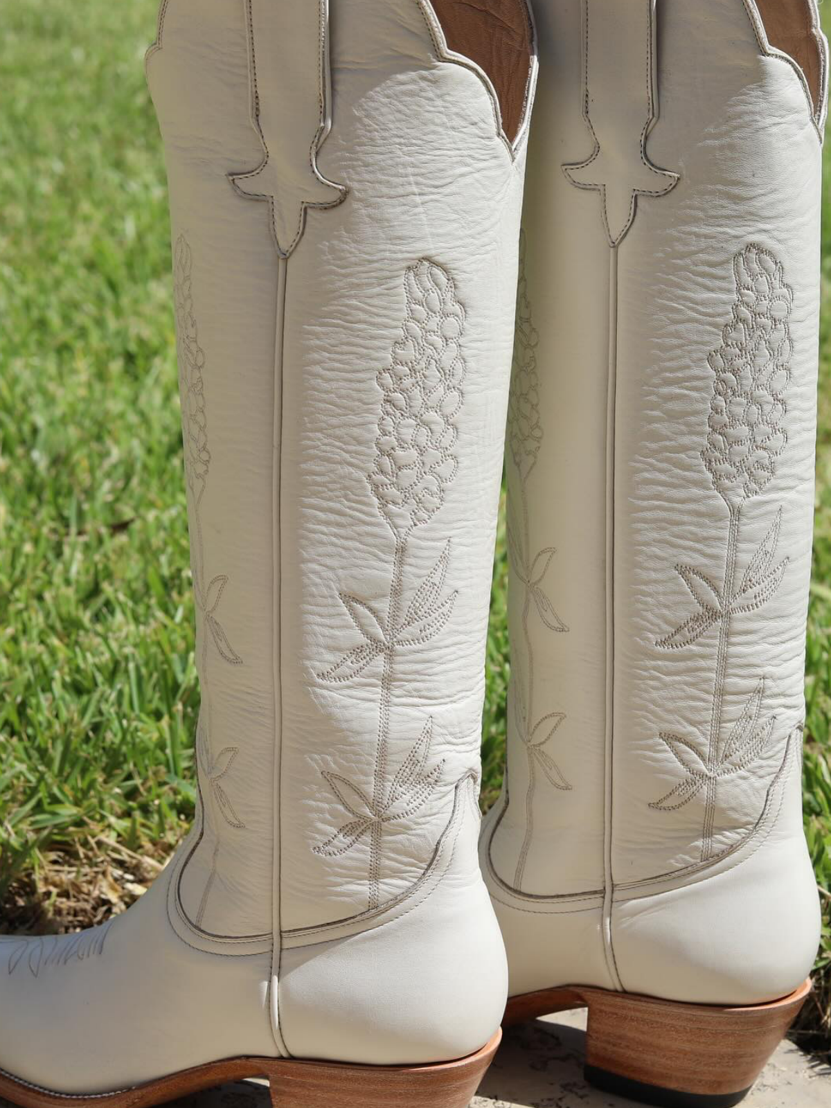 Almond-Toe Ear-Of-Rice Embroidery Wide Calf Knee High Cowgirl Boots - Ivory