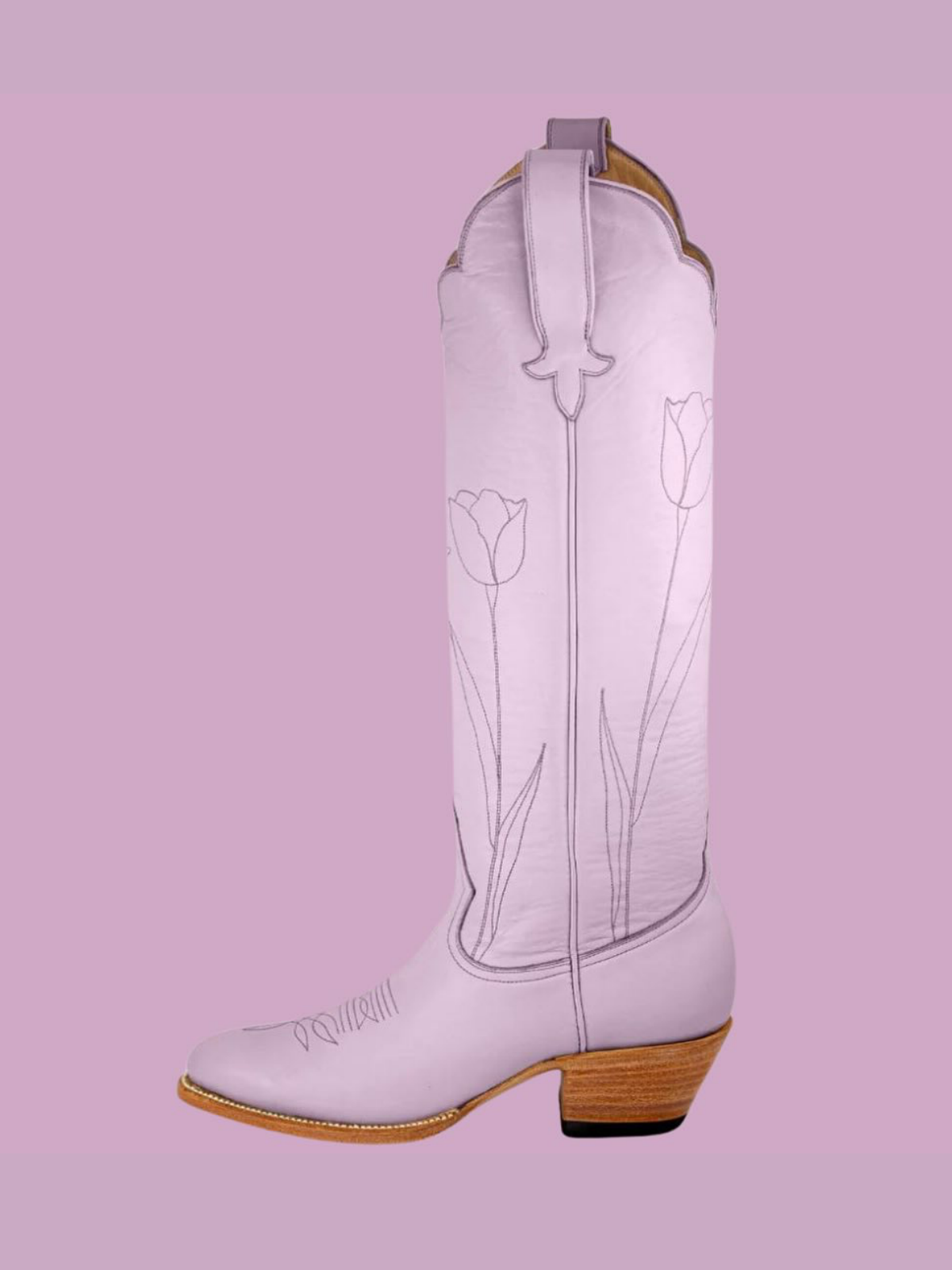 Almond-Toe Tulip Embroidery Wide Calf Knee High Cowgirl Boots - Lavender