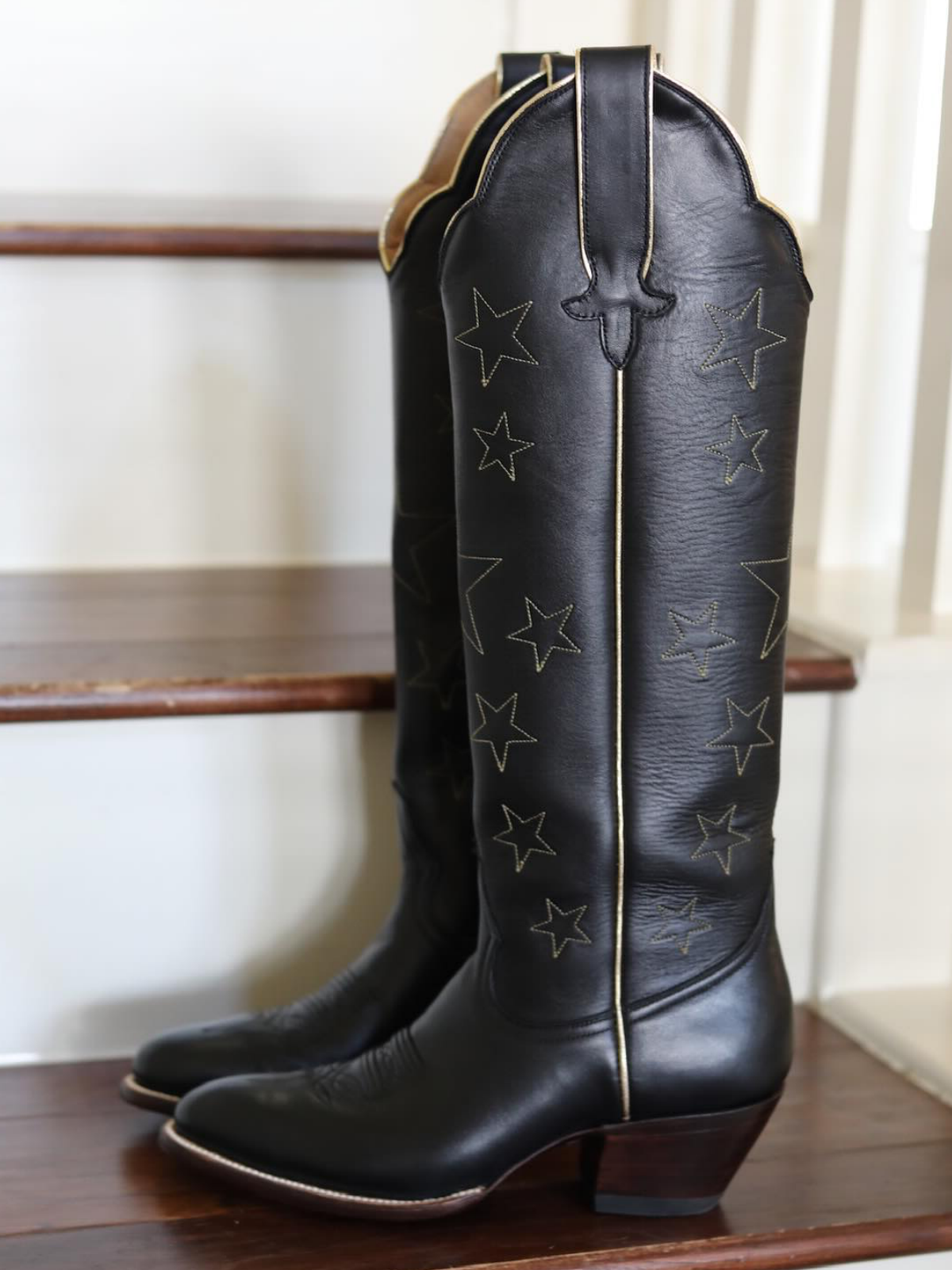 Almond-Toe Stars Embroidery Wide Calf Knee High Cowgirl Boots - Black