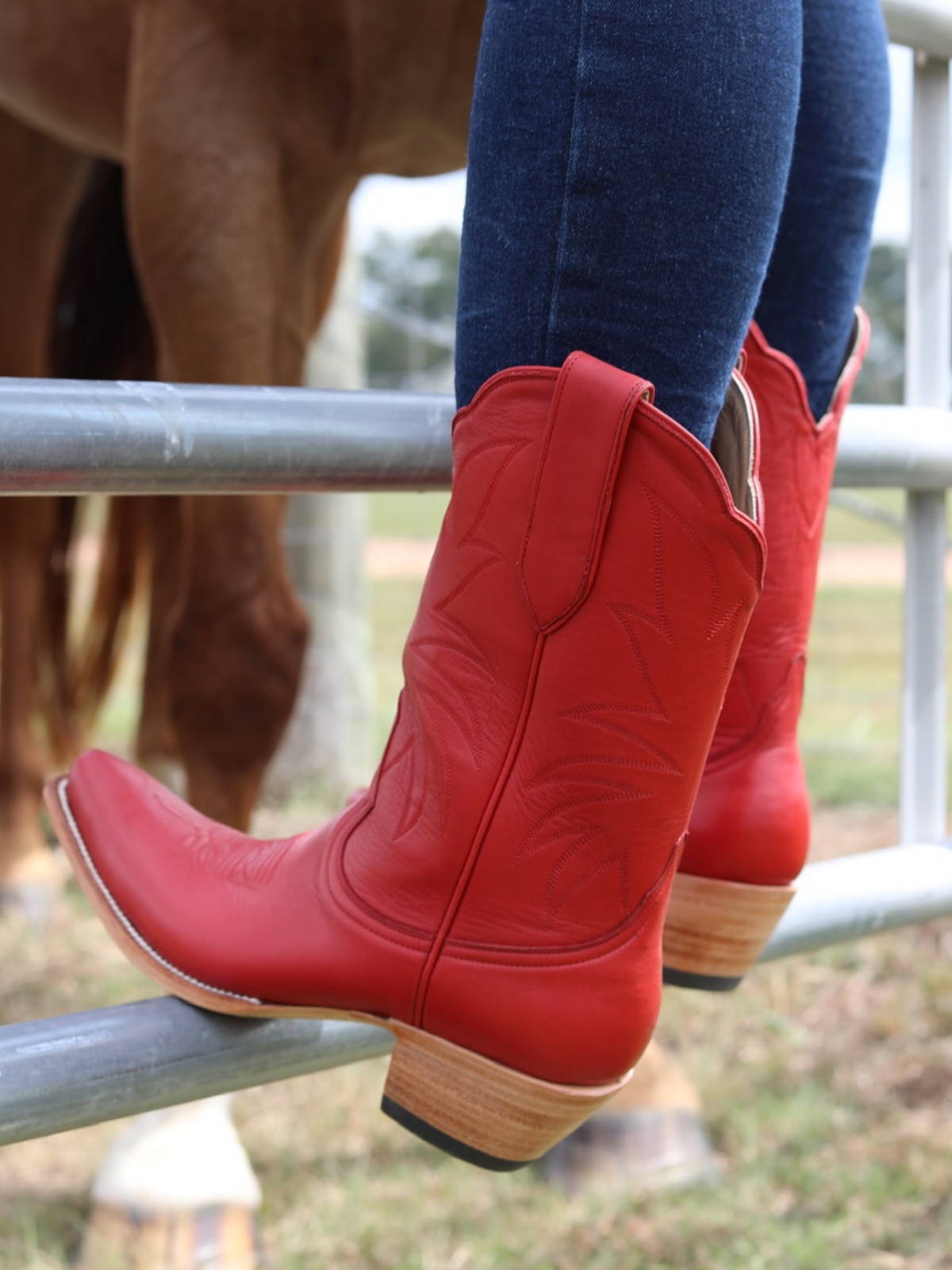 Western Embroidery Snip-Toe Mid Wide Calf Cowgirl Boots - Chestnut