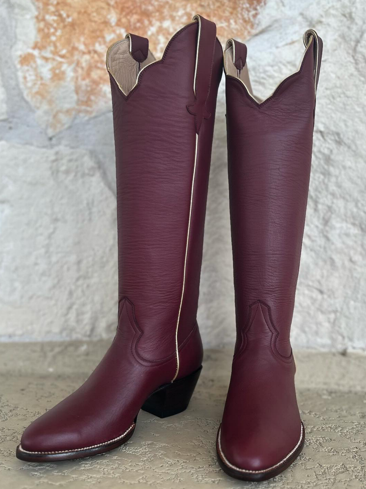 Simple Round-Toe Wide Calf Knee High Tall Cowgirl Boots - Maroon