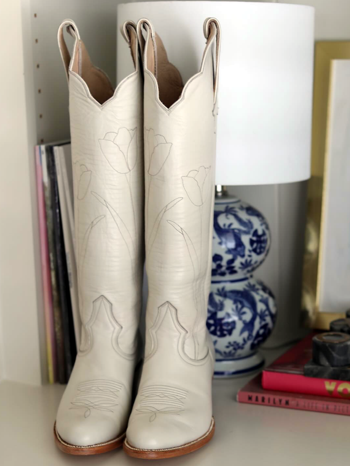 Almond-Toe Tulip Embroidery Wide Calf Knee High Cowgirl Boots - Bone