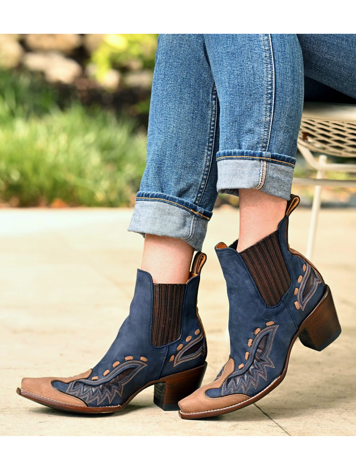 Contrast Blue And Tan Snip-Toe Running Stitch Inlay Ankle Booties