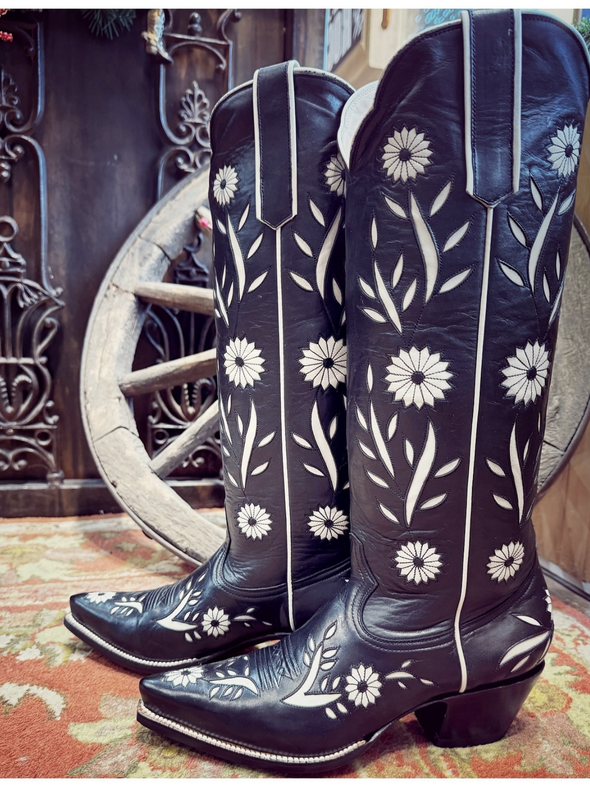 Black Snip-Toe Flowers Inlay Tall Wide Calf Knee High Cowgirl Boots