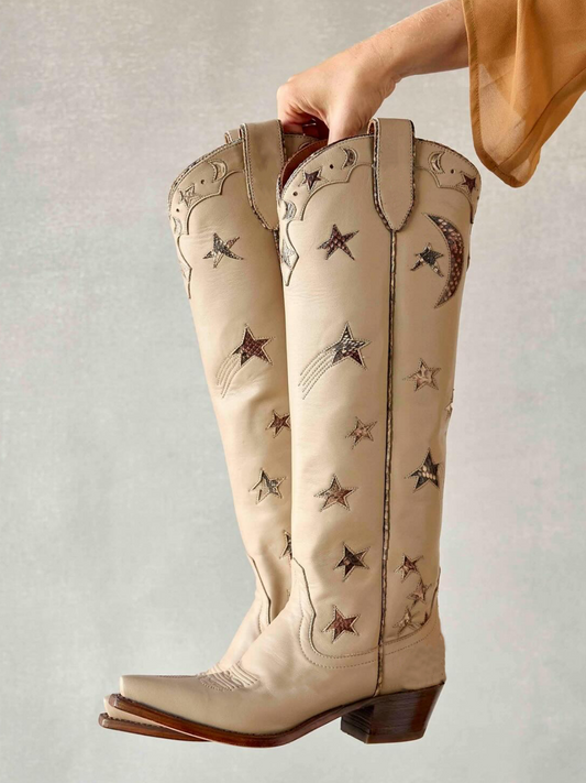 Beige Snip-Toe Snakeskin Star And Moon Inlay Wide Calf Tall Knee High Cowgirl Boots