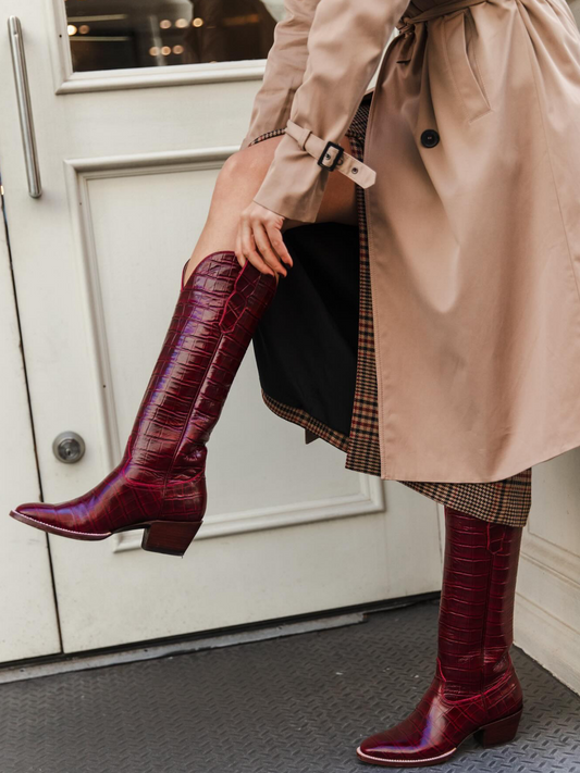 Wine Red Crocodile-Embossed Almond-Toe Wide Calf Tall Knee High Cowgirl Boots