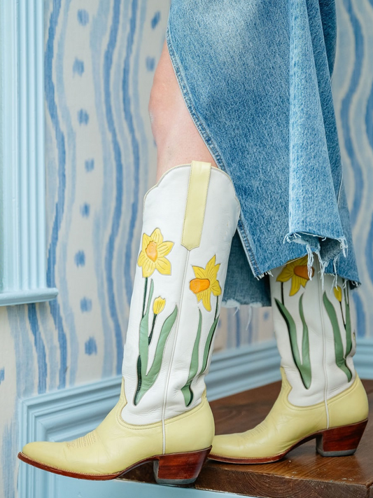 Contrast Yellow And Ivory Almond-Toe Floral And Butterfly Inlay Knee High Tall Cowgirl Boots