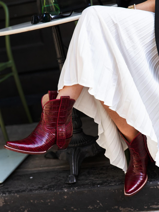 Wine Red Crocodile-Embossed Snip-Toe Wide Mid Calf Cowgirl Boots