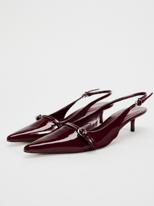 Patent Burgundy Pointed-Toe Front Strap With Buckle Slingback Kitten Heels