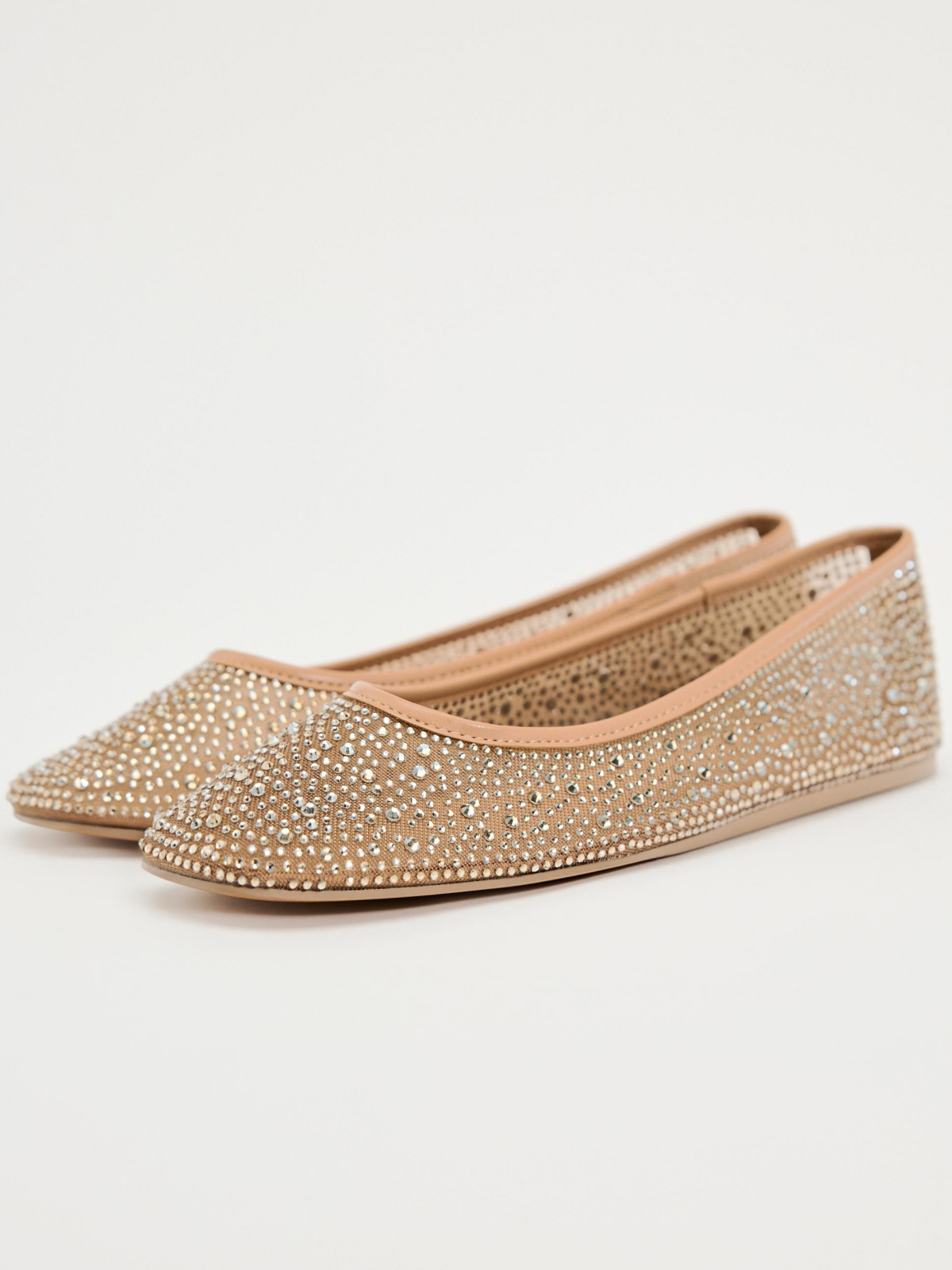 Nude Shiny Full-Embellished Rhinestone Strass Mesh Ballet Flats