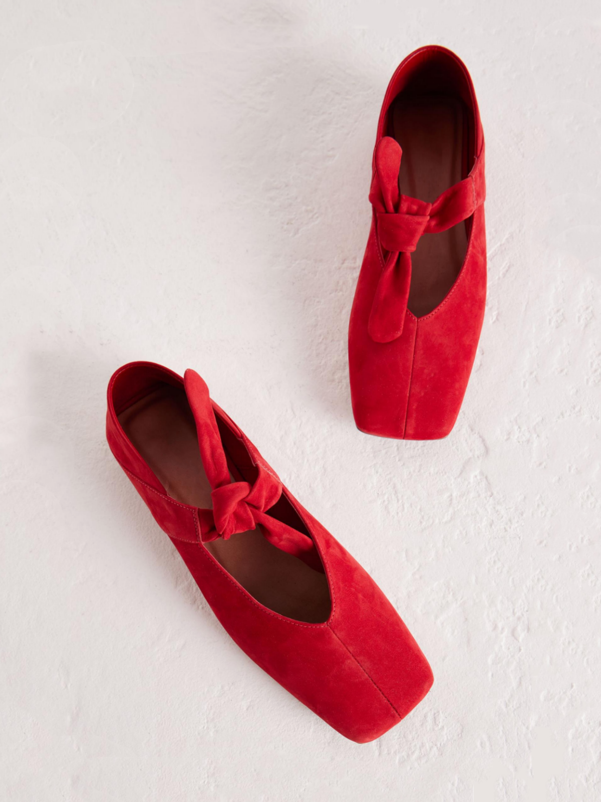 Red Faux Suede Square Toe Knot Bow Mary Janes Tied Flats Slippers