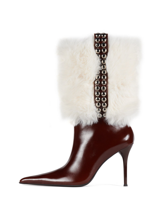 Brown Pointed-Toe Faux Fur Studded Wide Mid Calf Stiletto Boots