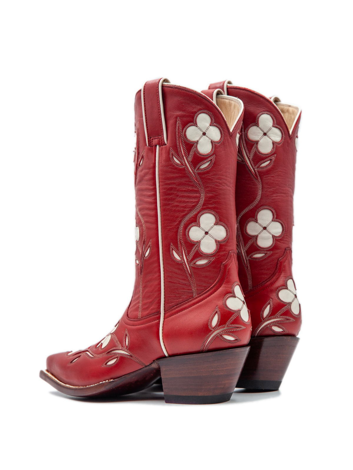 White Flower Inlay Pointed-Toe Wide Mid Calf Tall Cowgirl Boots In Red