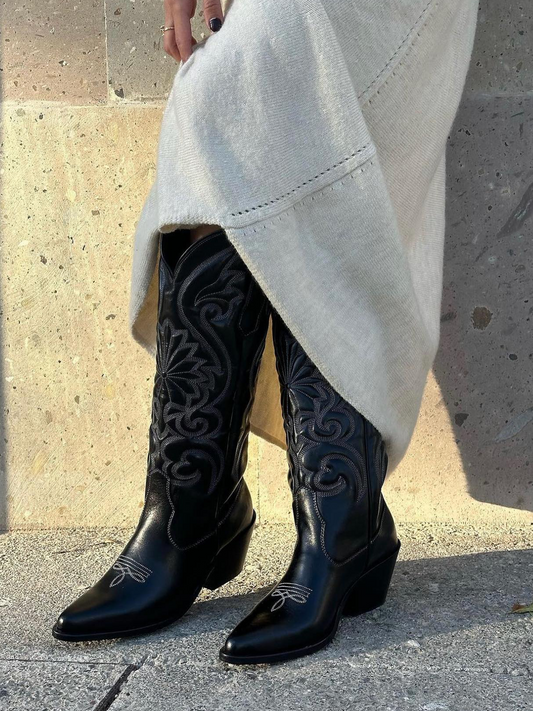 Fancy Embroidery Snip-Toe Wide Mid Calf Cowgirl Boots - Black