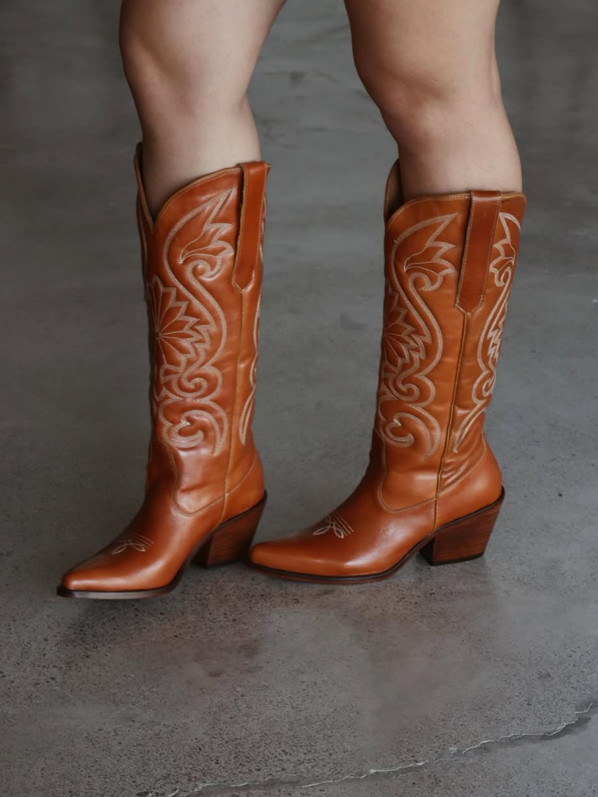 Fancy Embroidery Snip-Toe Wide Mid Calf Cowgirl Boots - Camel