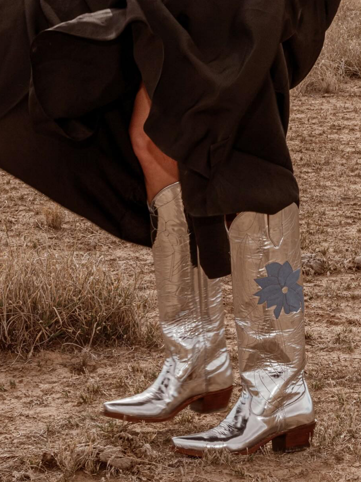 Metallic Silver Snip-Toe Embroidery Flower Applique Wide Calf Knee High Cowgirl Boots