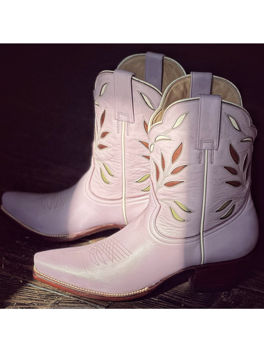 Light Lilac Snip-Toe Leaves Inlay Wide Mid Calf Cowgirl Boots