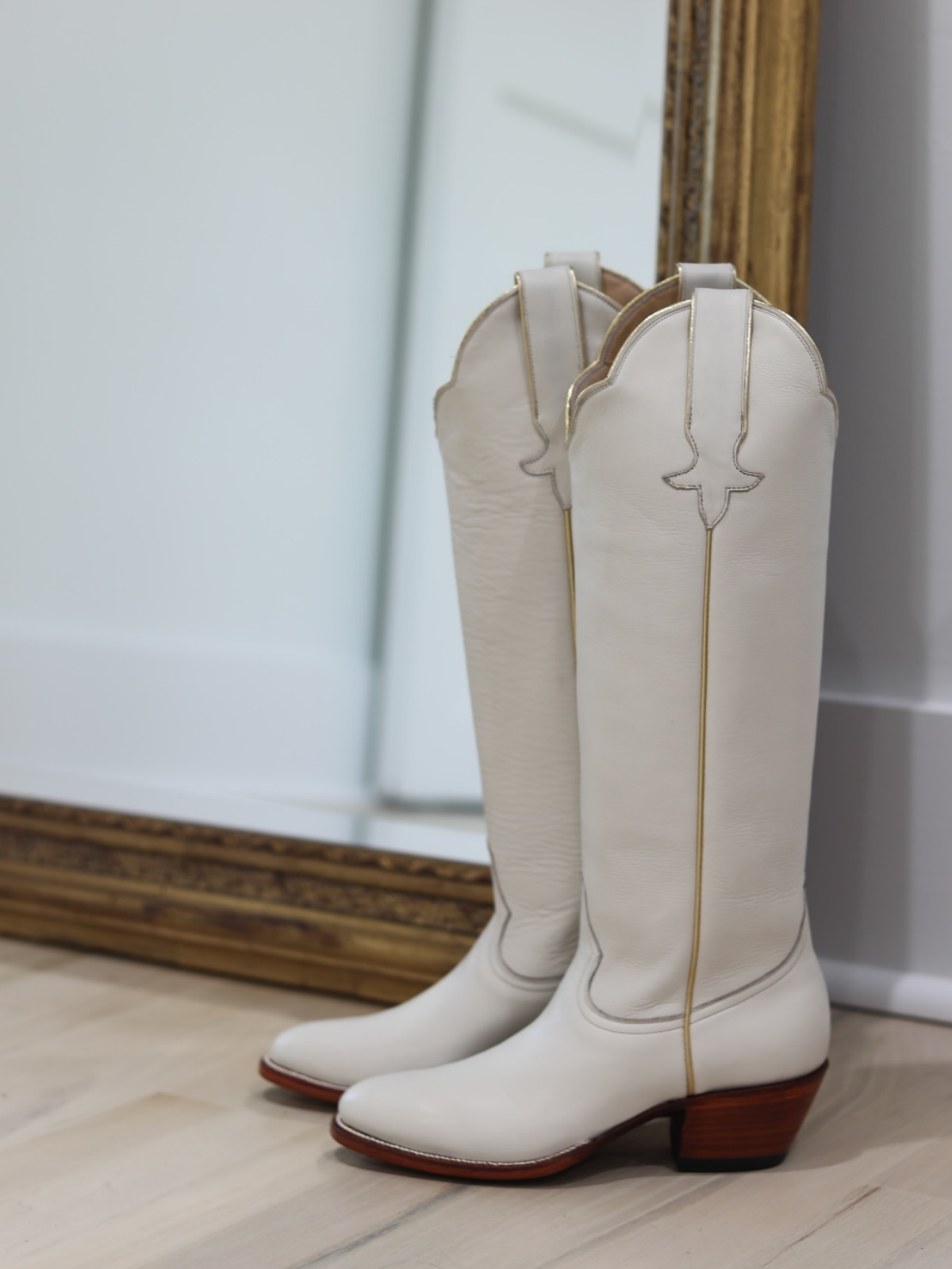 Simple Round-Toe Wide Calf Knee High Tall Cowgirl Boots - Bone