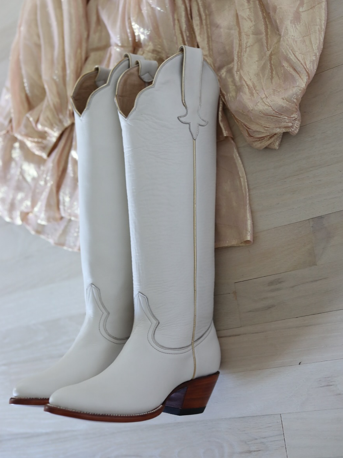 Simple Round-Toe Wide Calf Knee High Tall Cowgirl Boots - Bone