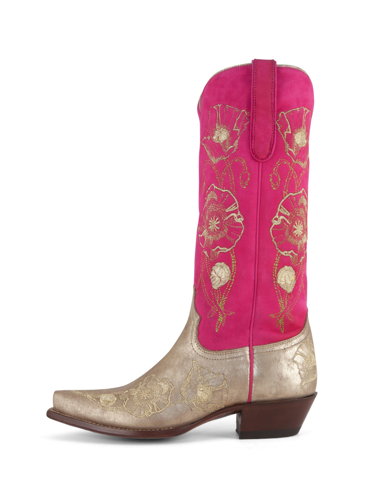 Contrast Pink And Metallic Rose Gold Snip-Toe Floral Embroidery Wide Mid Calf Cowgirl Boots