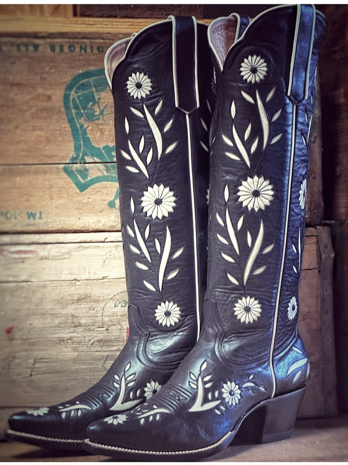 Black Snip-Toe Flowers Inlay Tall Wide Calf Knee High Cowgirl Boots