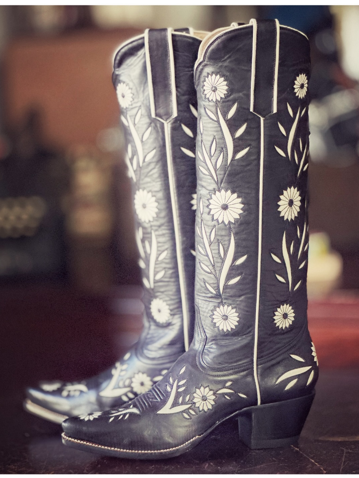 Black Snip-Toe Flowers Inlay Tall Wide Calf Knee High Cowgirl Boots