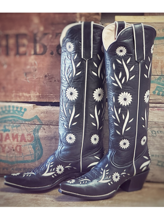 Black Snip-Toe Flowers Inlay Tall Wide Calf Knee High Cowgirl Boots