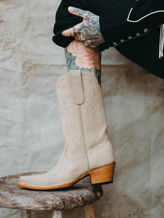 Sand Faux Suede Snip-Toe Embroidery Wide Mid Calf Cowgirl Boots