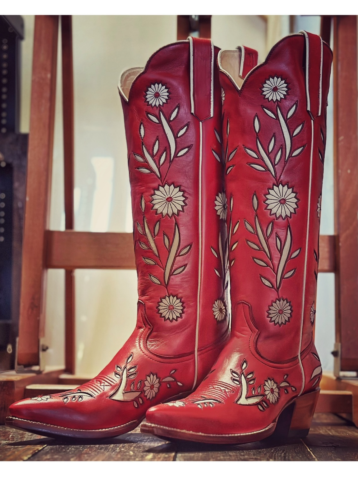 Scarlet Red Snip-Toe Flowers Inlay Tall Wide Calf Knee High Cowgirl Boots