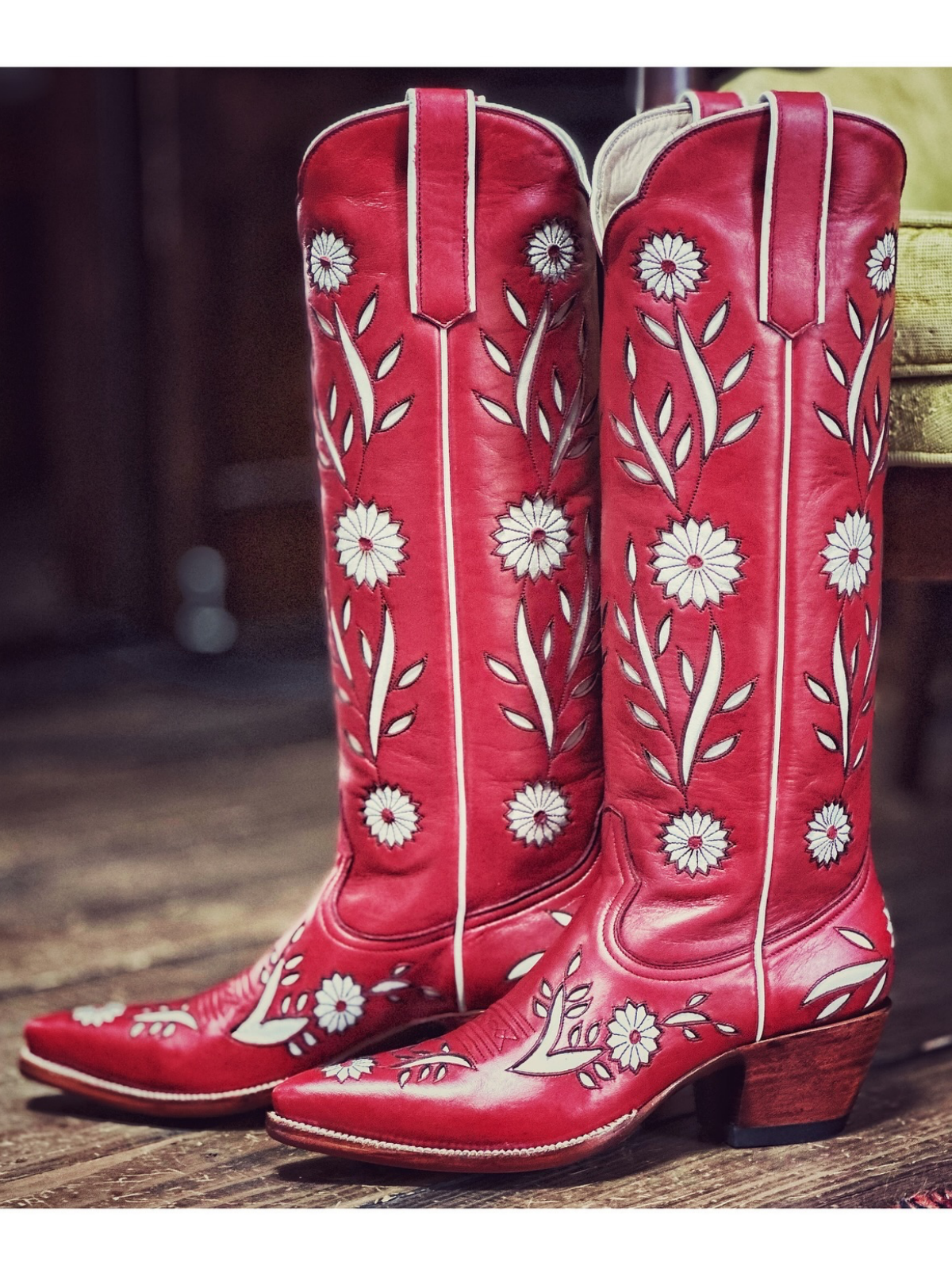 Scarlet Red Snip-Toe Flowers Inlay Tall Wide Calf Knee High Cowgirl Boots