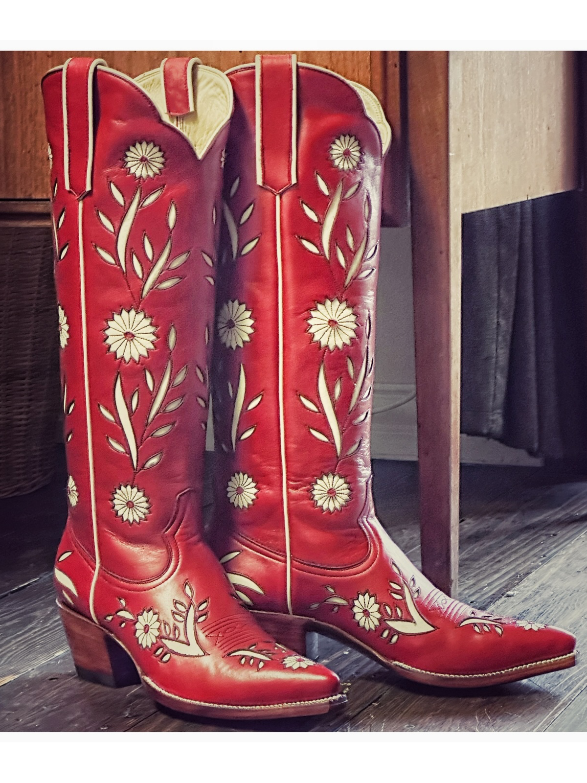 Scarlet Red Snip-Toe Flowers Inlay Tall Wide Calf Knee High Cowgirl Boots