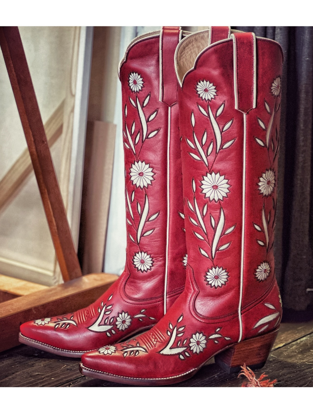 Scarlet Red Snip-Toe Flowers Inlay Tall Wide Calf Knee High Cowgirl Boots