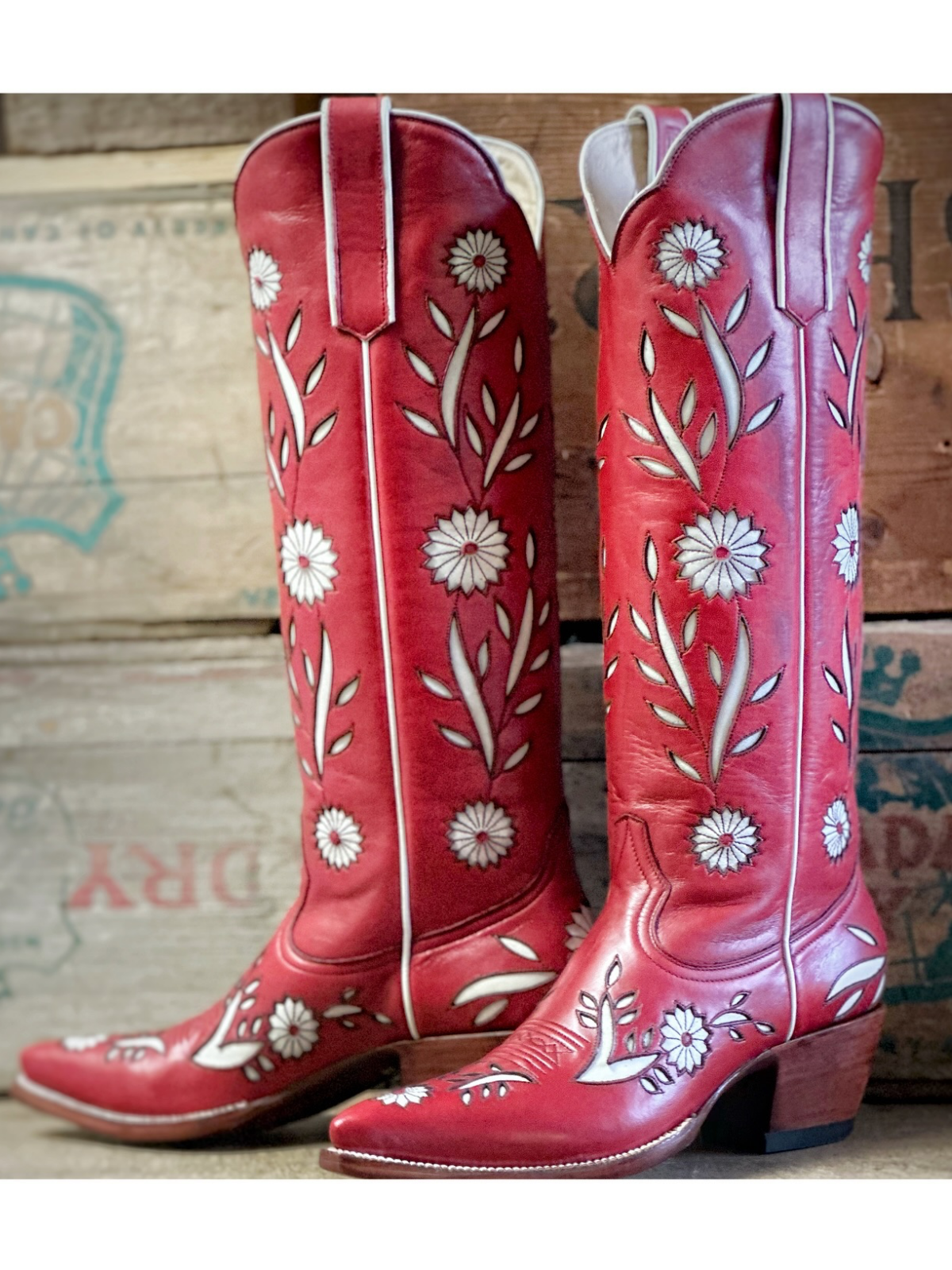 Scarlet Red Snip-Toe Flowers Inlay Tall Wide Calf Knee High Cowgirl Boots