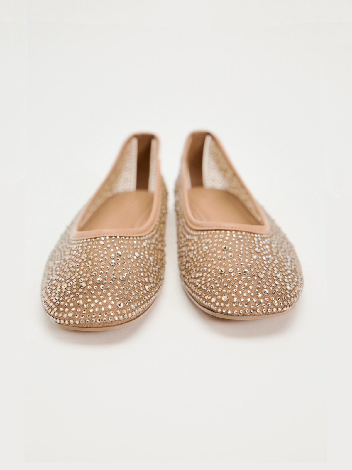 Nude Shiny Full-Embellished Rhinestone Strass Mesh Ballet Flats