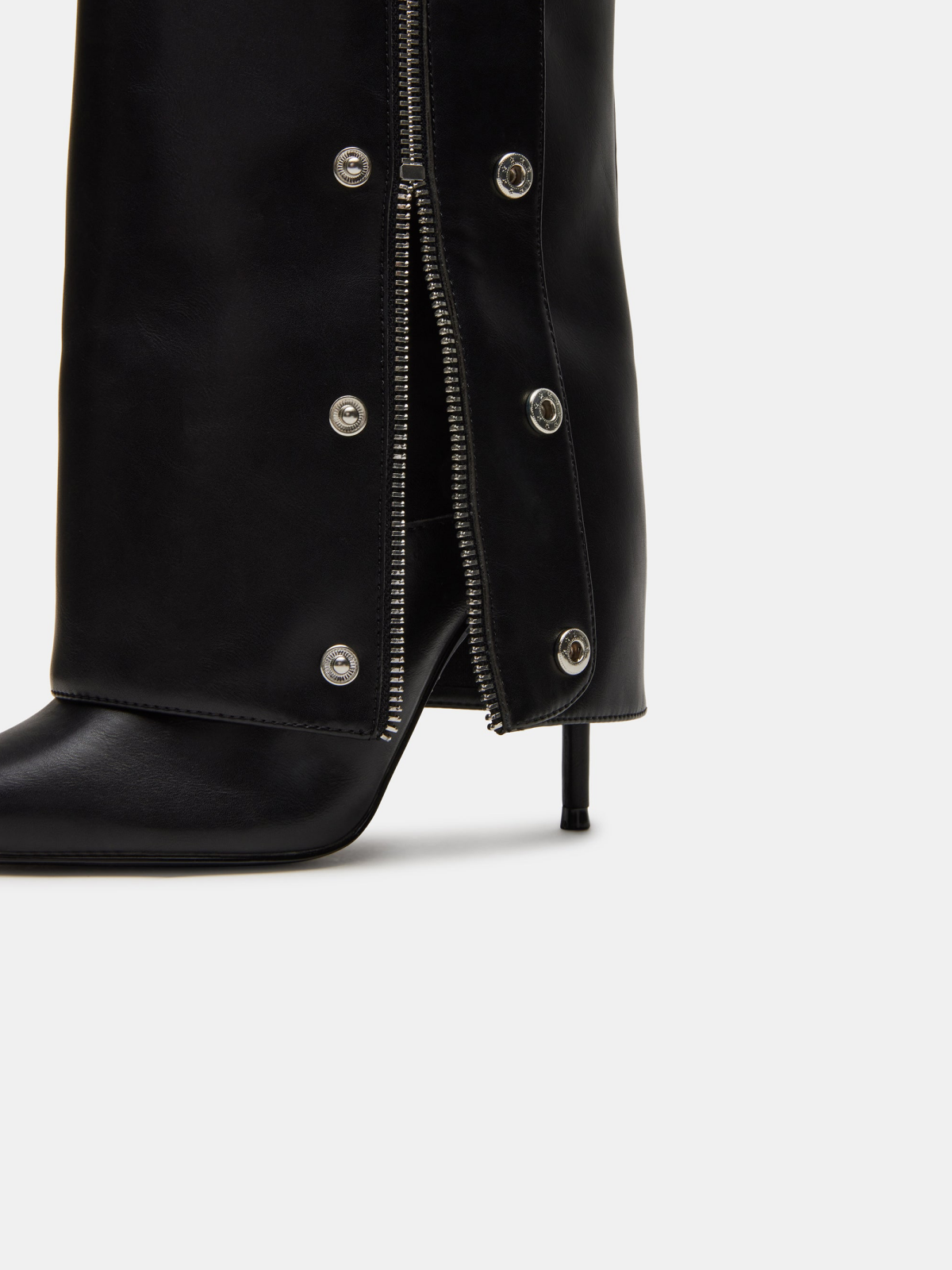 Black Pointed-Toe Studded Fold-Over Full-Zip Over-The-Knee Stiletto Boots