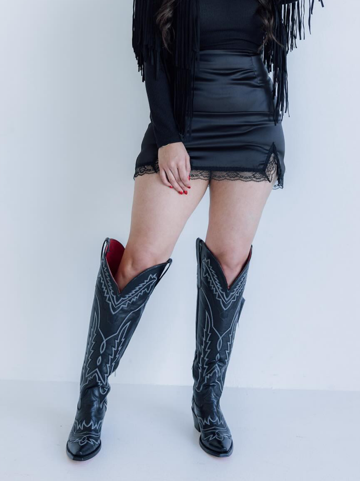 Black Snip-Toe Embroidery Half-Zip Western Knee High Tall Cowgirl Boots